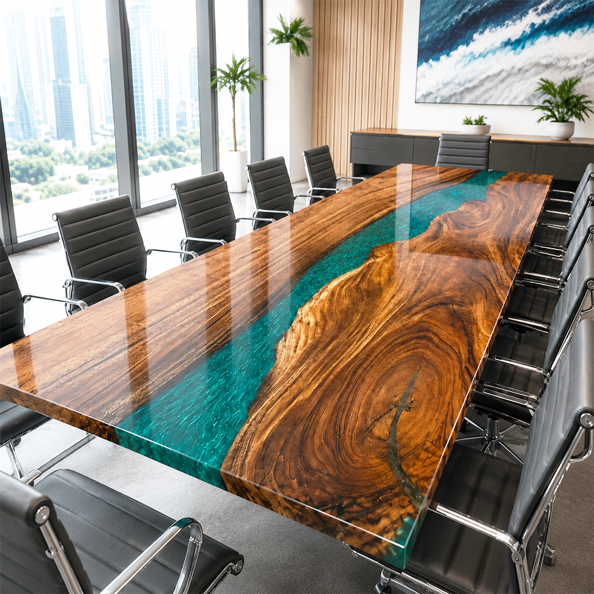 Black Walnut with Green Wave Epoxy Resin Conference Table