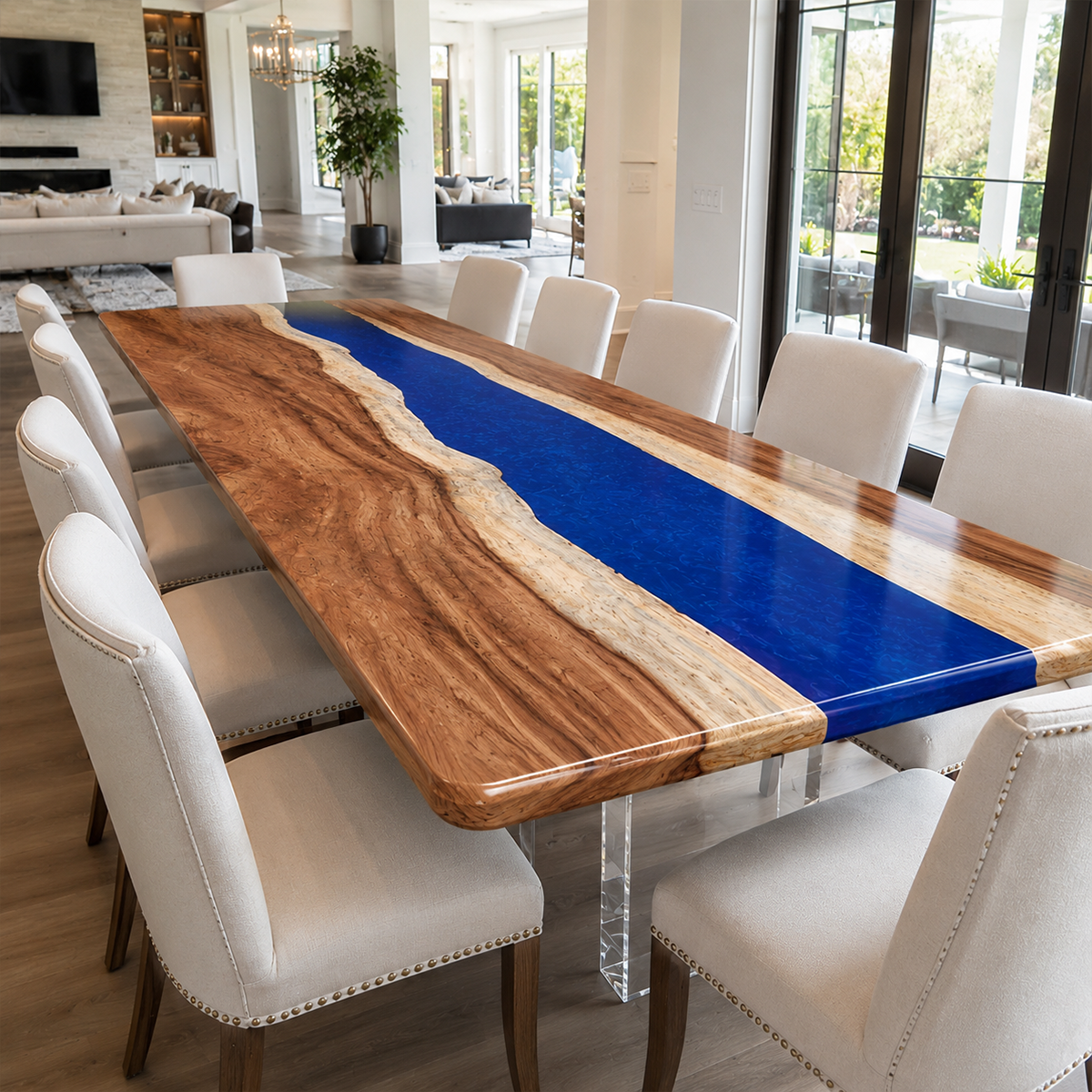 Walnut Wood with Blue Epoxy Resin Dining Table