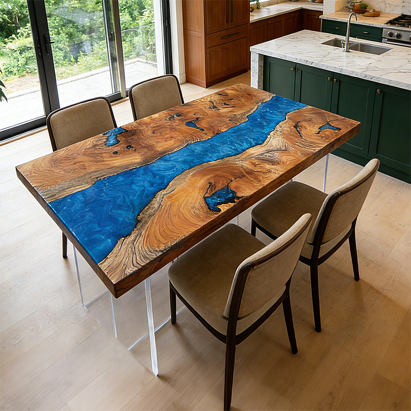 Walnut Wood Blue River Rectangle Epoxy vResin Dining Table