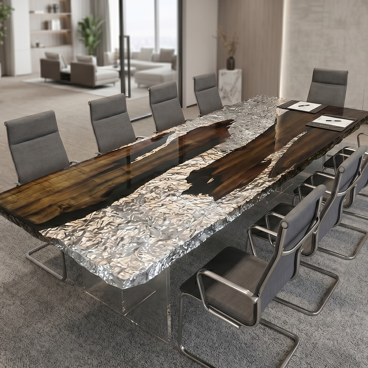 Silver Glacier Black Walnut Wood Epoxy Resin Conference Table