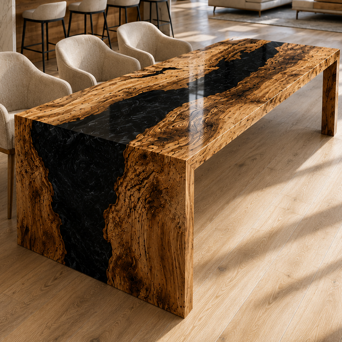 Olive Wood Black River Epoxy Resin Waterfall Dining Table