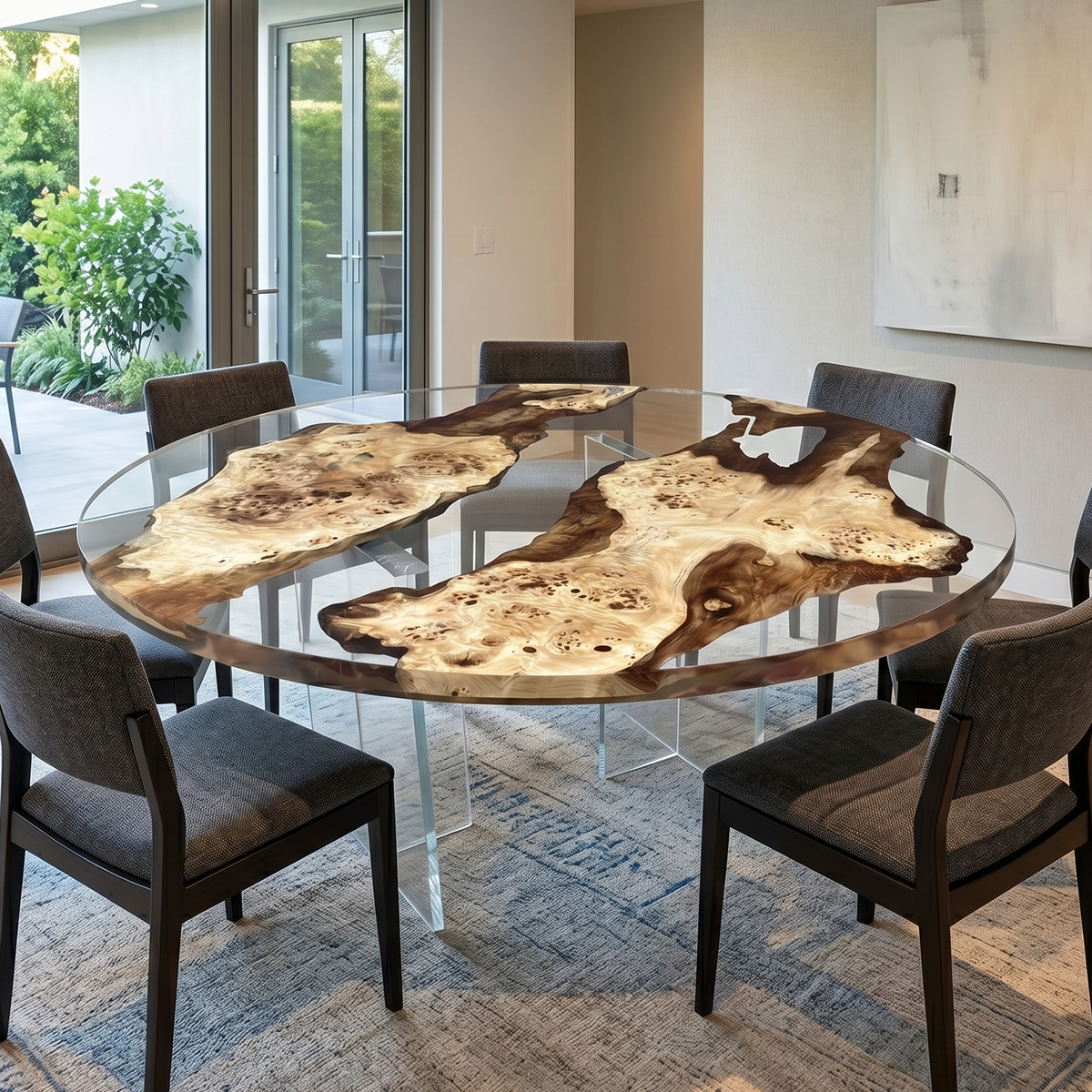 Poplar Burl Clear Epoxy Resin Round Dining Table