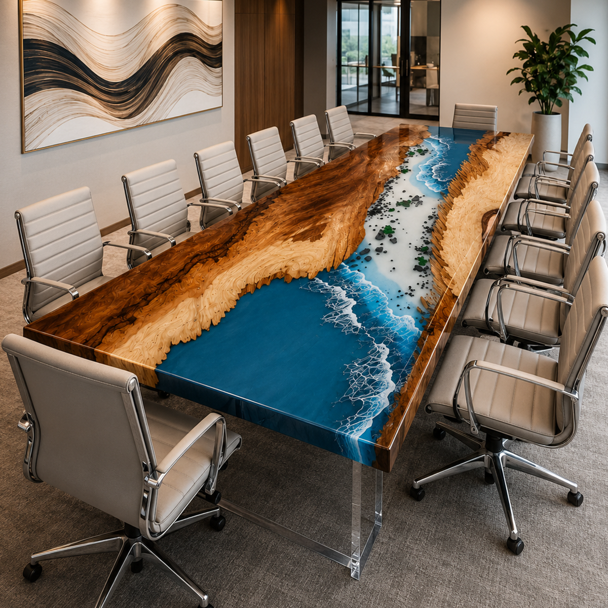 Walnut Wood with Blue Wave Epoxy Resin Conference Table