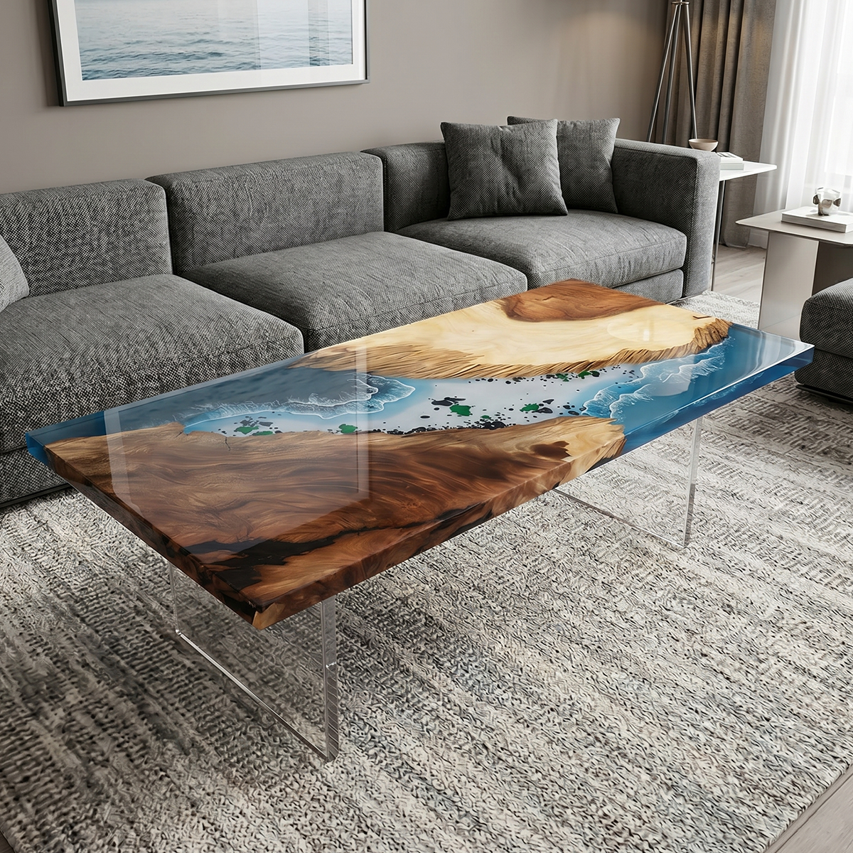 Walnut Wood Rectangle Island Epoxy Resin Coffee Table