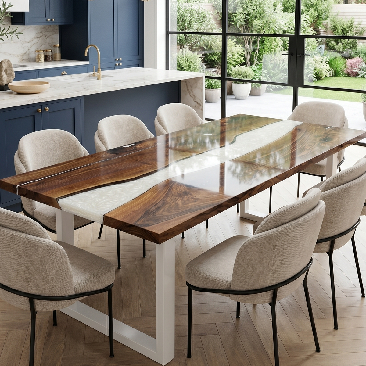 Black Walnut White Pearl Epoxy Resin River Dining Table