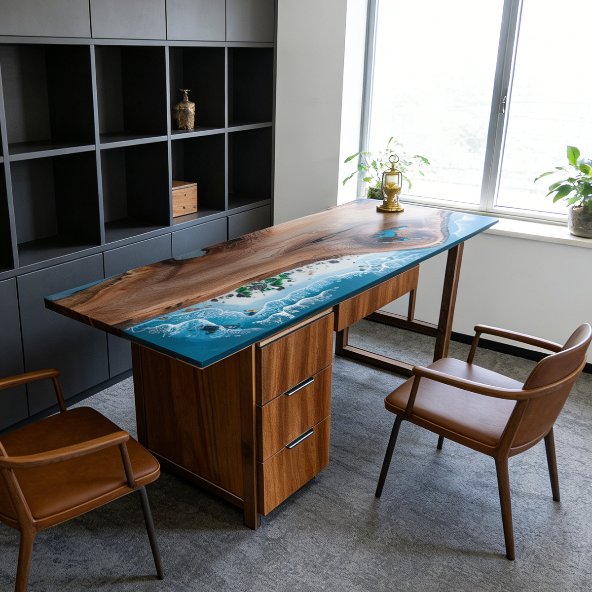 Black Walnut Wood Ocean Wave Epoxy Desk