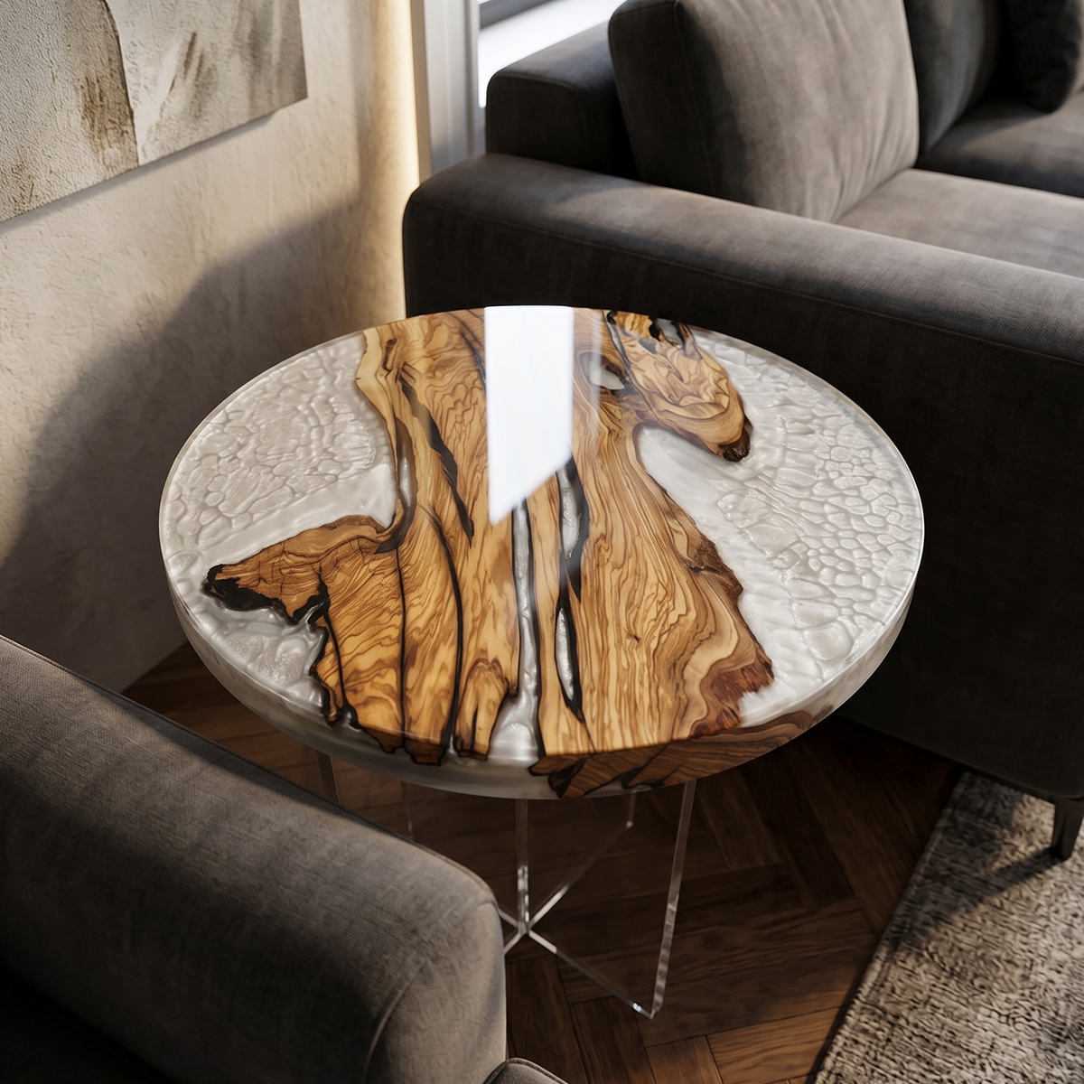 Olive Wood Frosted Epoxy Resin Round Side Table