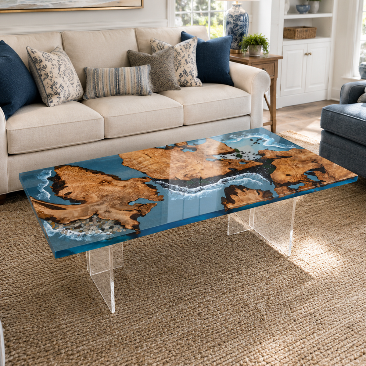Poplar Wood Ocean Scene Rectangle Resin Coffee Table