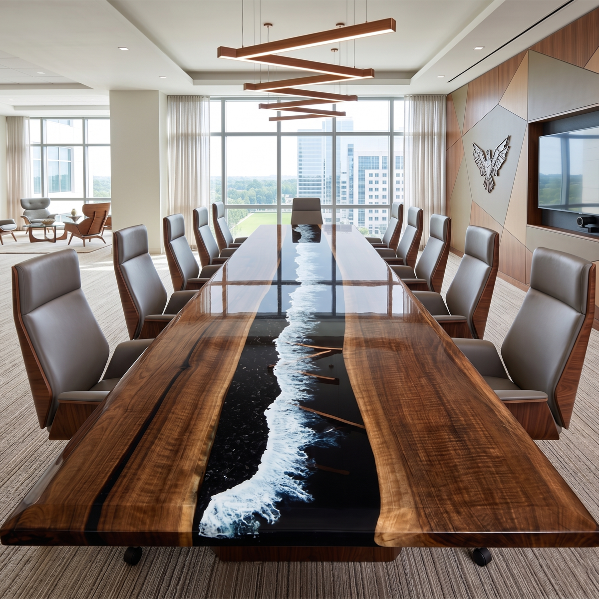 Walnut Wood Black Wave Epoxy Resin Conference Table