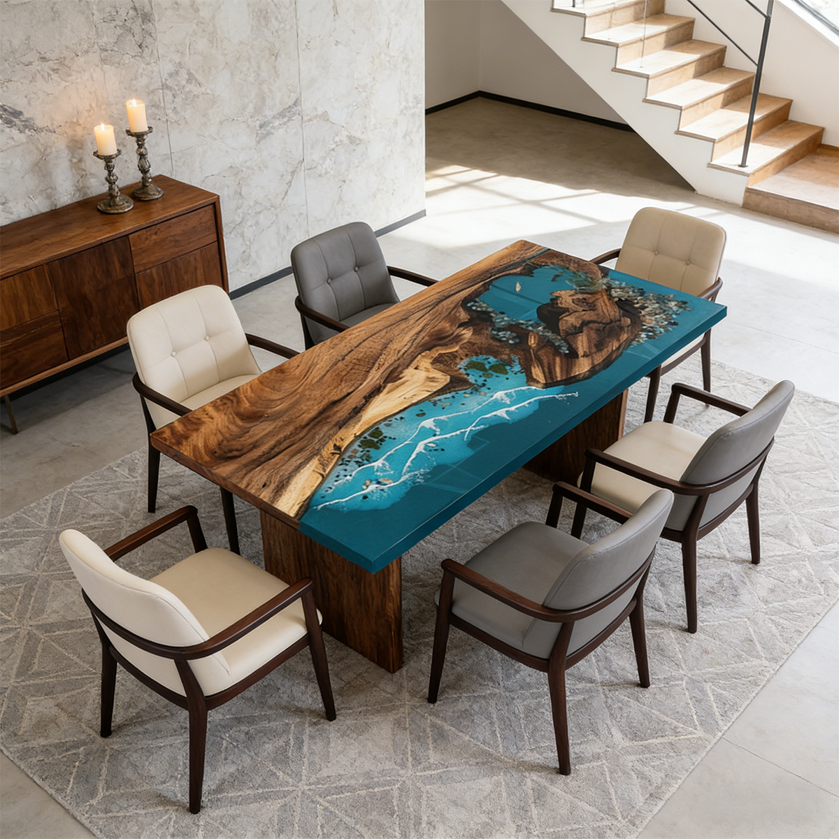 Walnut Wood Coastal Scenery Rectangle Epoxy Resin Dining Table