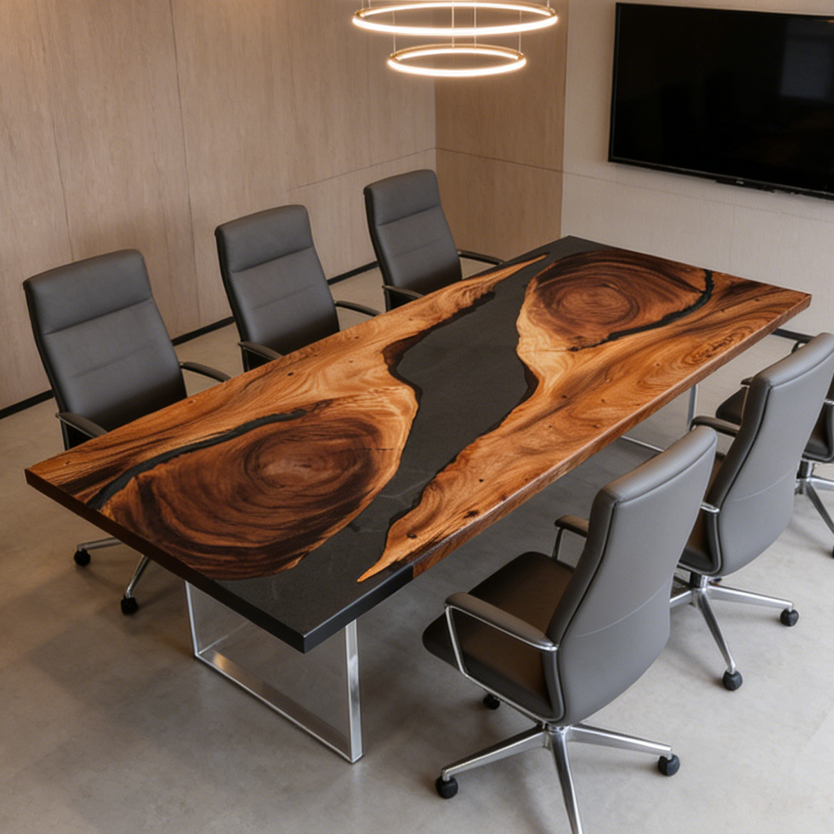 Black Walnut Wood Transparent Black Rectangle Epoxy Resin Conference table