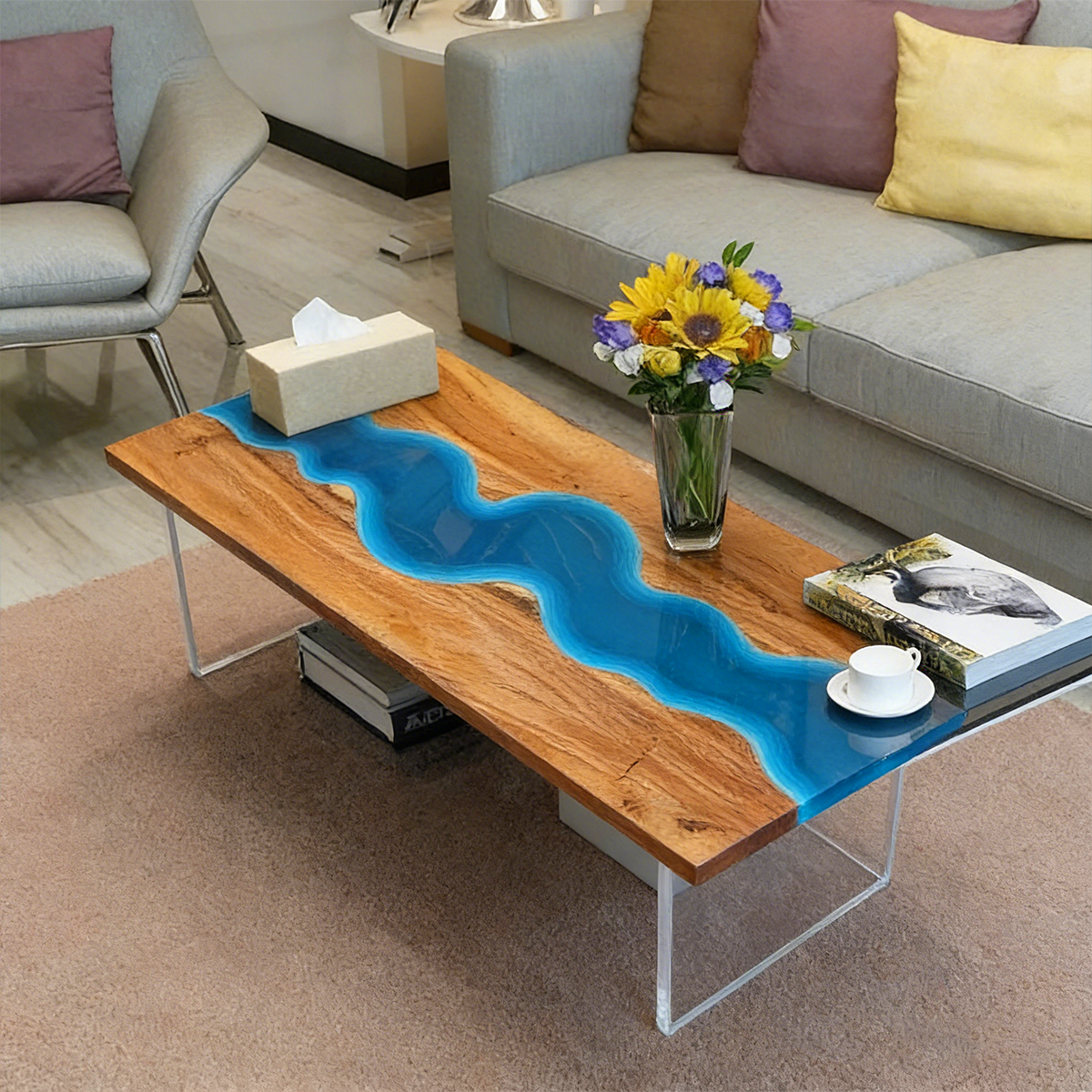 Olive Wood Blue River Wood Resin Coffee Table