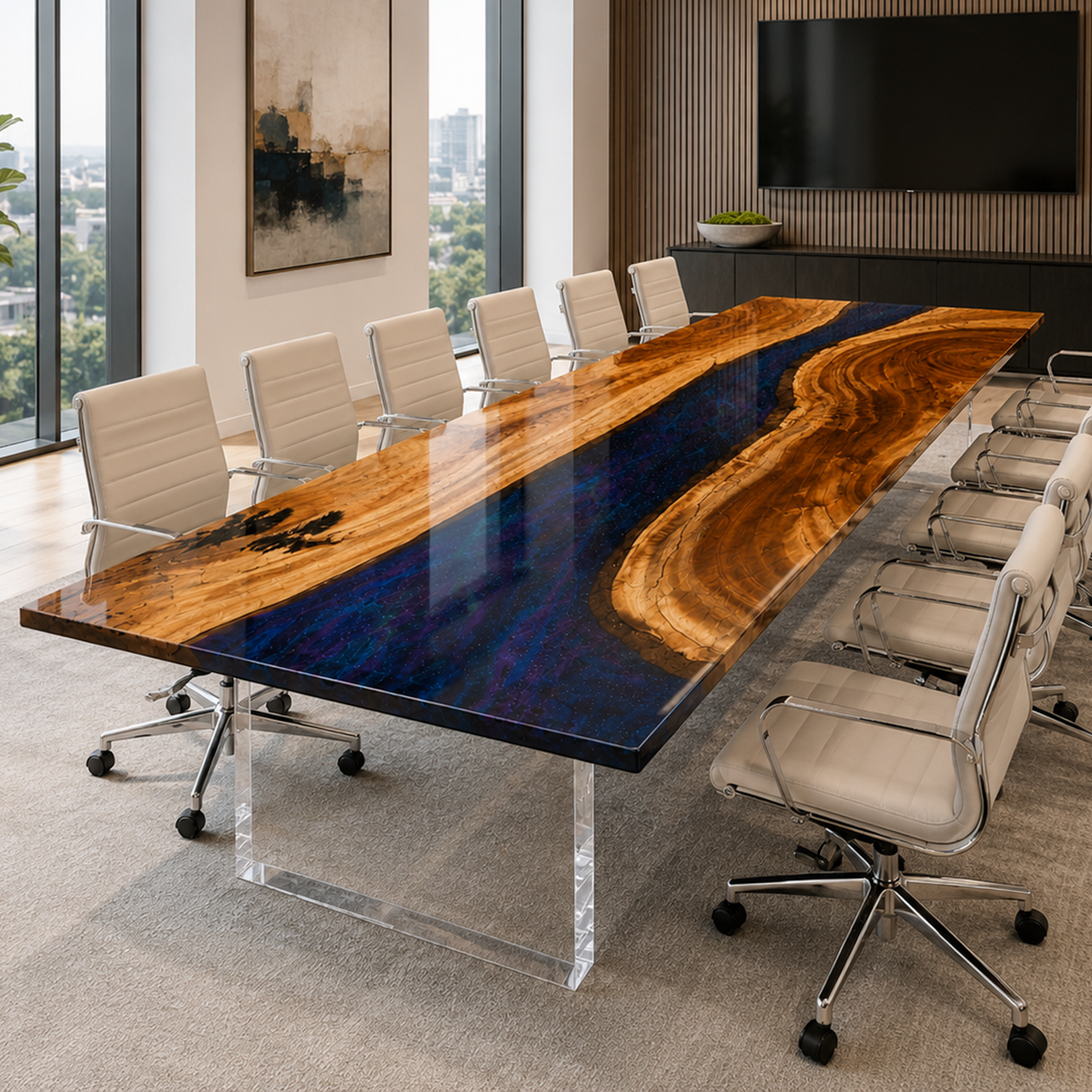 Walnut Wood with Sky Epoxy Resin Conference Table