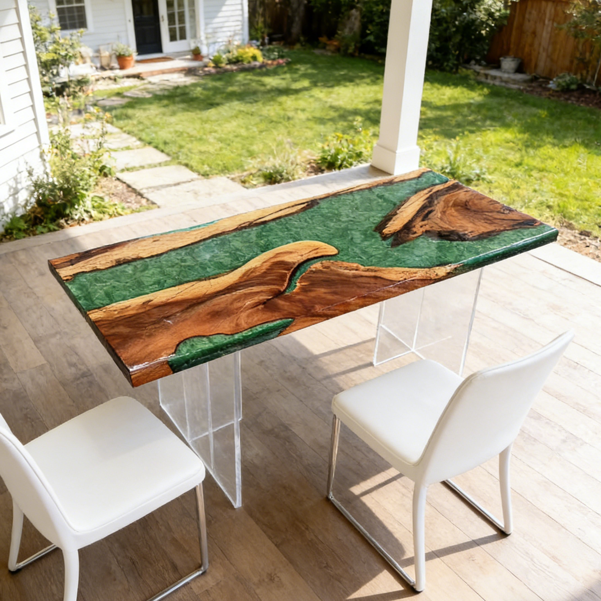 Walnut Wood Rectangle Green Epoxy Resin River Dining Table