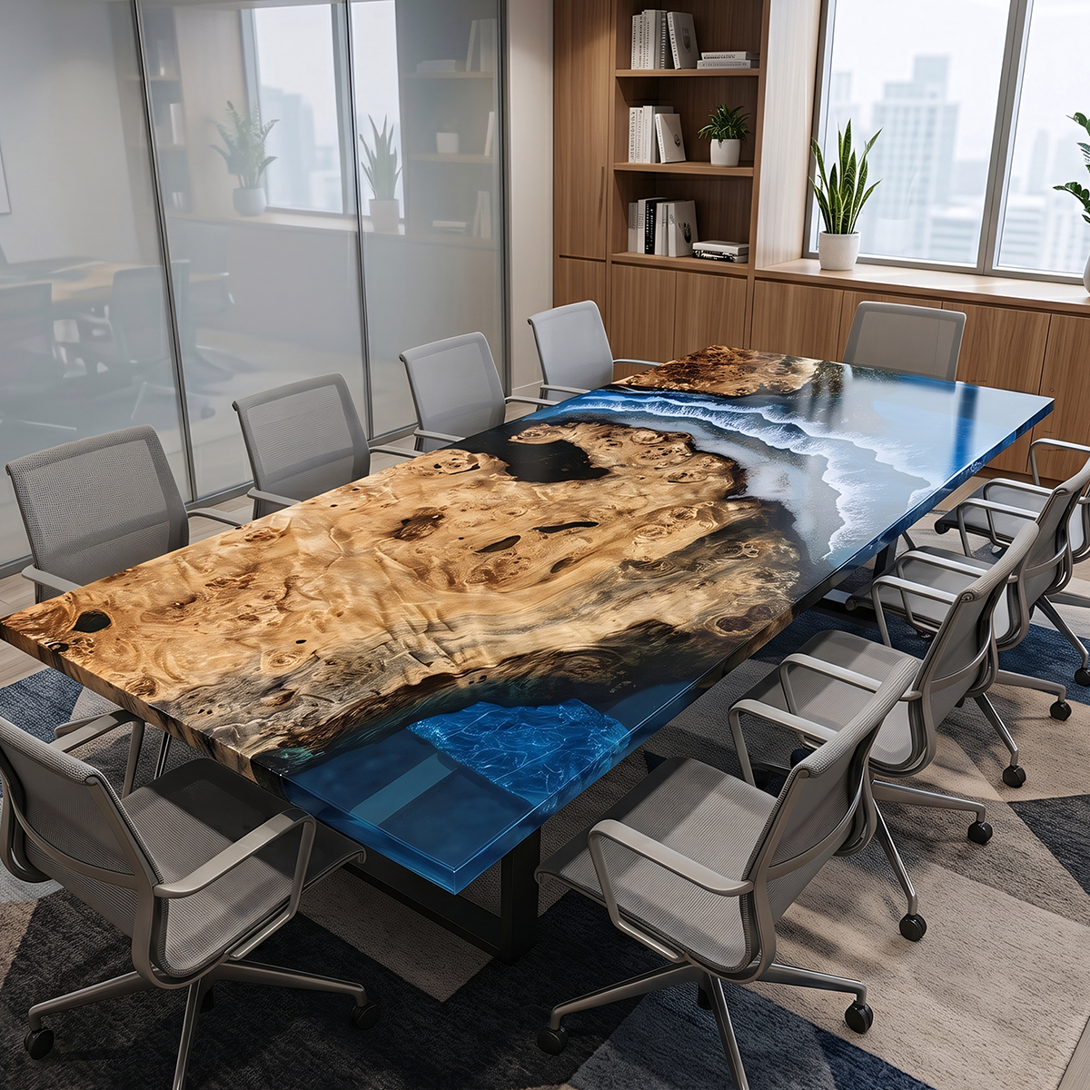 Olive Wood Ocean Wave Epoxy Resin Conference Table