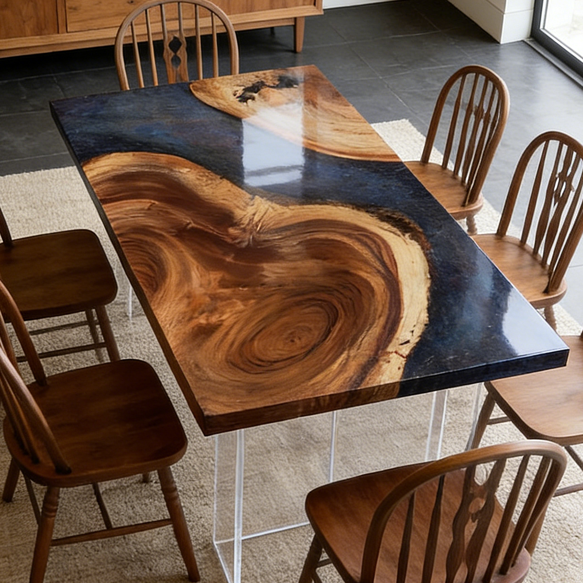 Rectangular Burl Wood Deep Blue Starry Epoxy Resin Dining Table