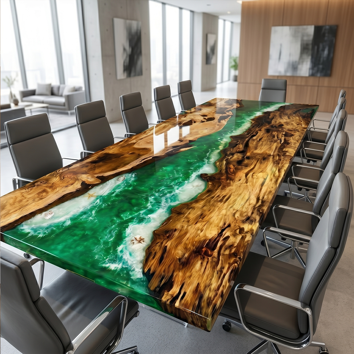 Olive Wood Green Ocean Wave Epoxy Resin Conference Table