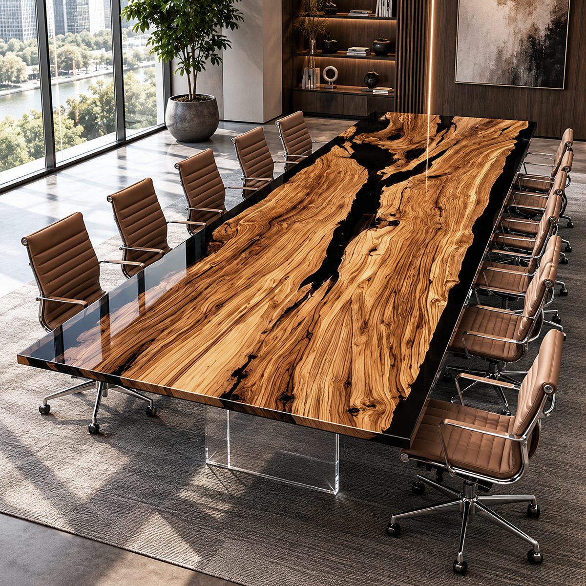 Olive Wood Obsidian Epoxy Resin Conference Table