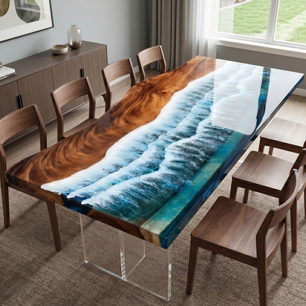 Walnut Wood Blue Wave Console Epoxy Resin Dining Table