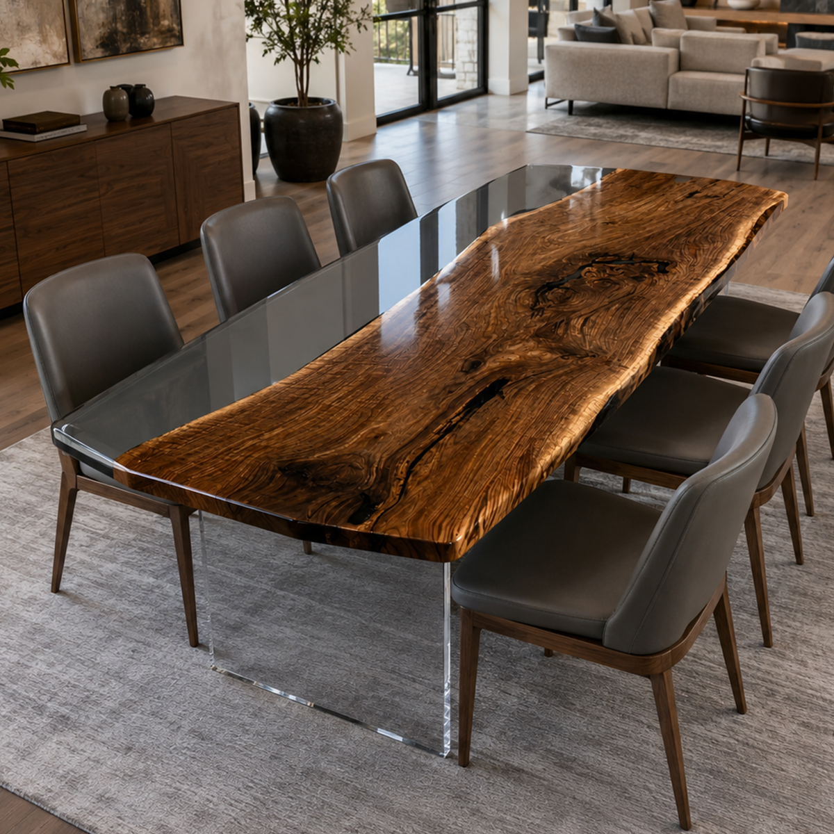 Black Walnut Wood with Black Transparent Epoxy Resin Dining Table 39.4"W x 94.5"L Thickness 2.4"