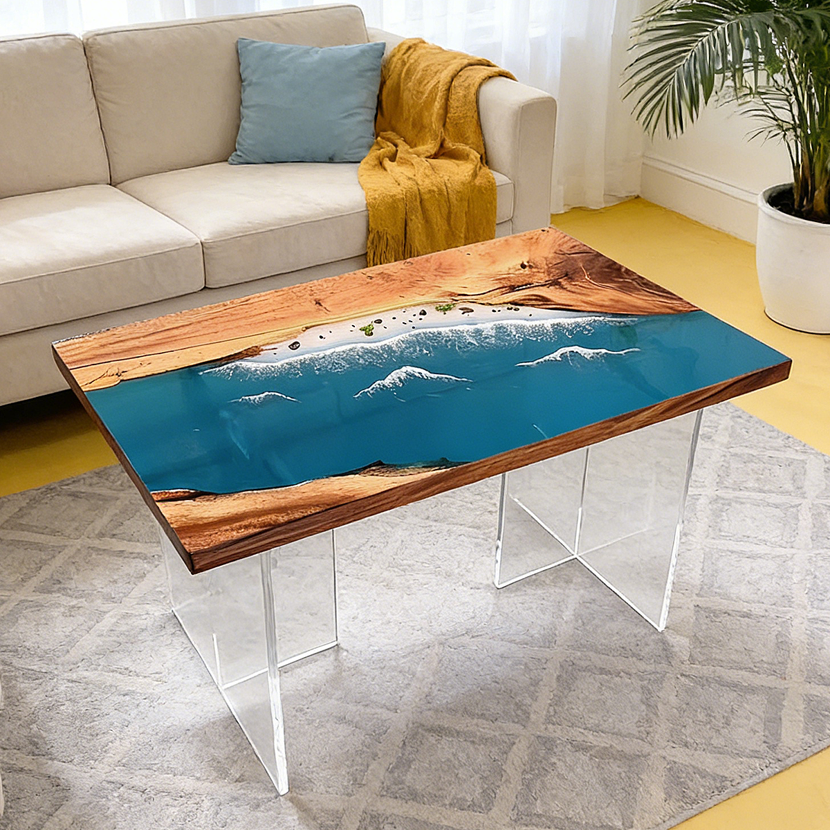 Cunninghamia Wood Sea Wavy Rectangle Resin Coffee Table