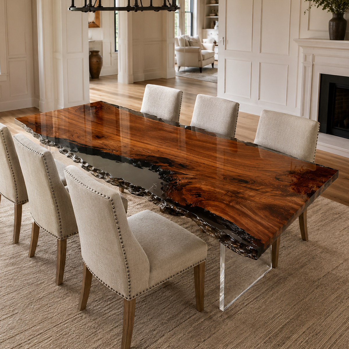 Black Walnut Wood Crystal Edge Transparent Epoxy Resin Dining Table 35.4"W x 74.8"L Thickness 2.0"