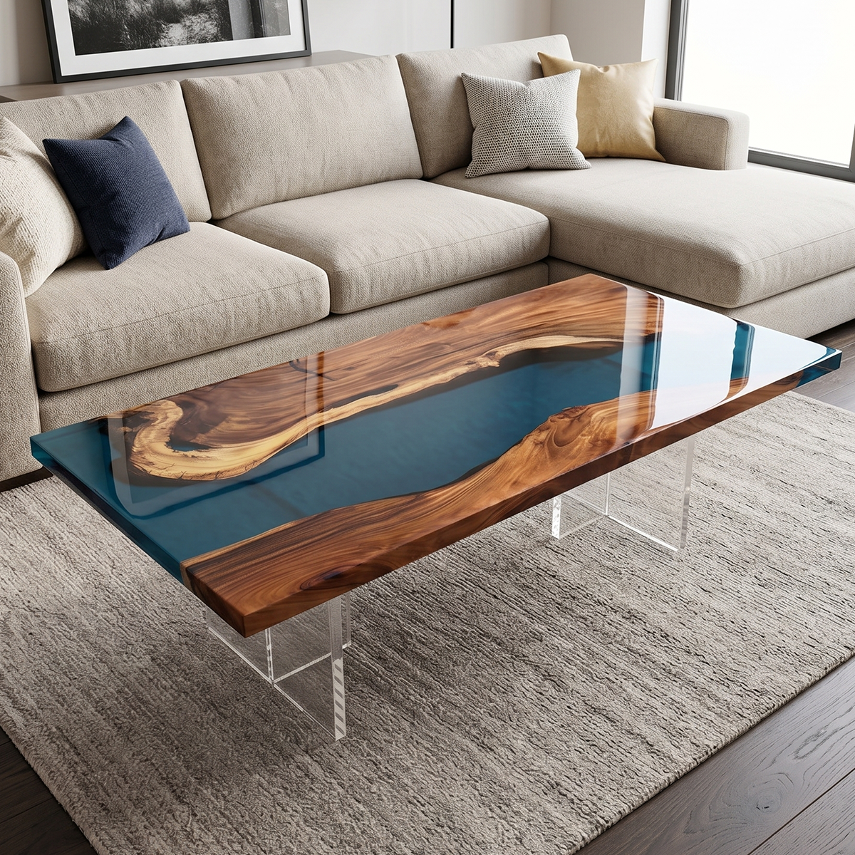 Walnut Wood Teal River Epoxy Resin Coffee Table
