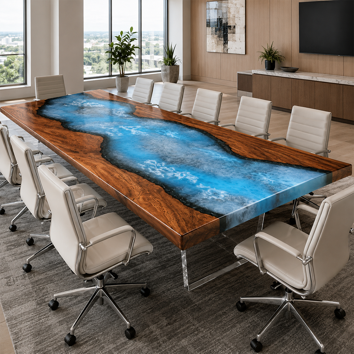 Walnut Wood with Swirl Blue Epoxy Resin Conference Table