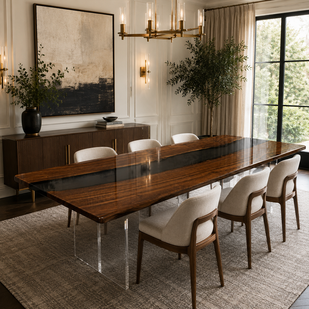 Black Walnut Wood with Transparent Epoxy Resin Dining Table 31.5"W x 78.7"L Thickness 2.0"