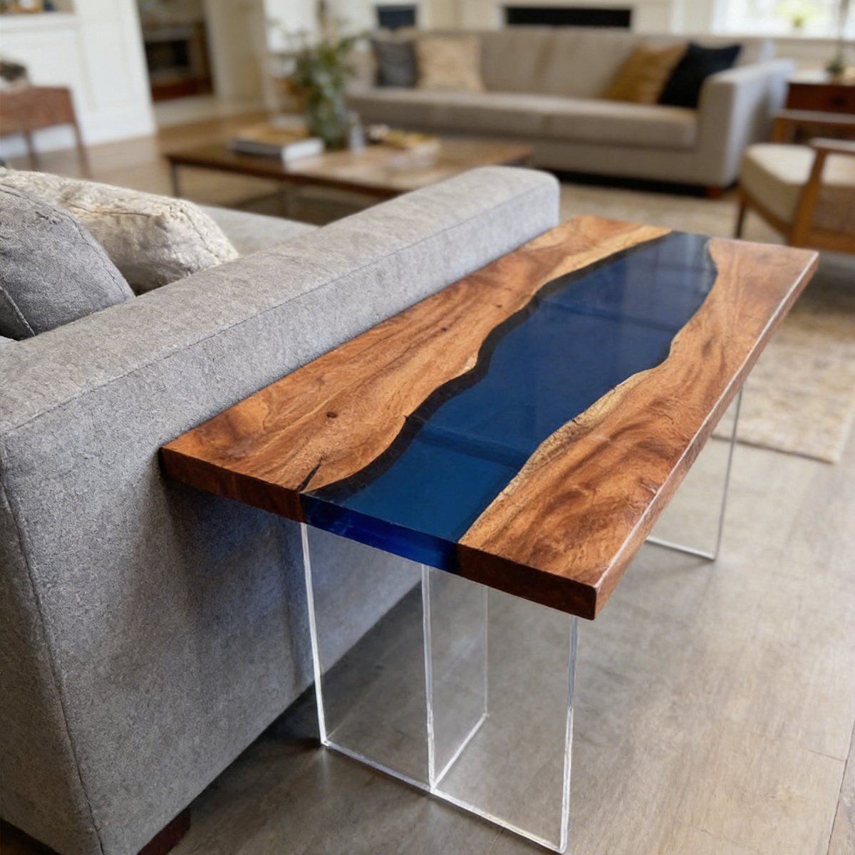 Walnut Wood Blue River Resin Side Table