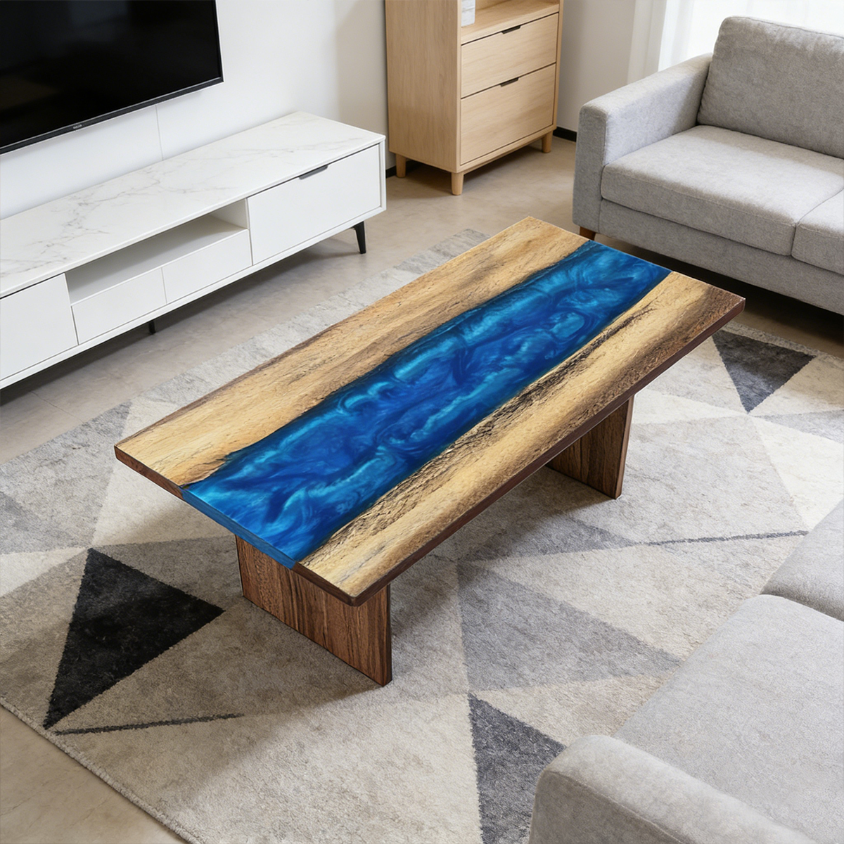 Walnut Wood Blue Sky Rectangle Resin Coffee Table