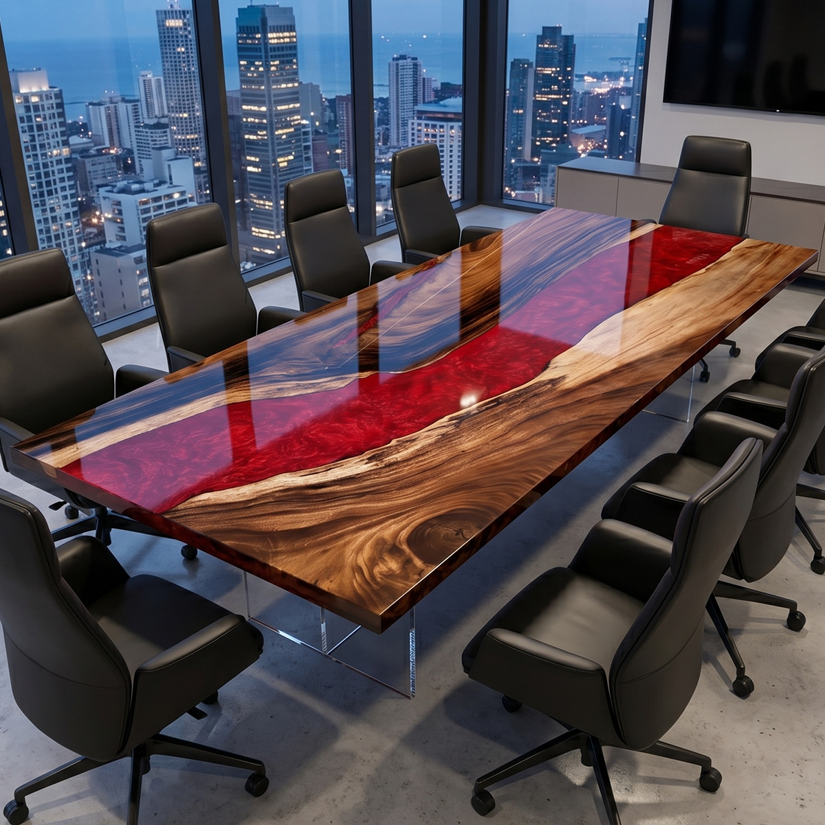 Black Walnut Wood Red River Epoxy Resin Conference Table