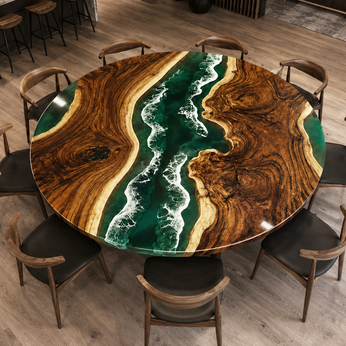 Black Walnut with Green Wave Epoxy Resin Round Table