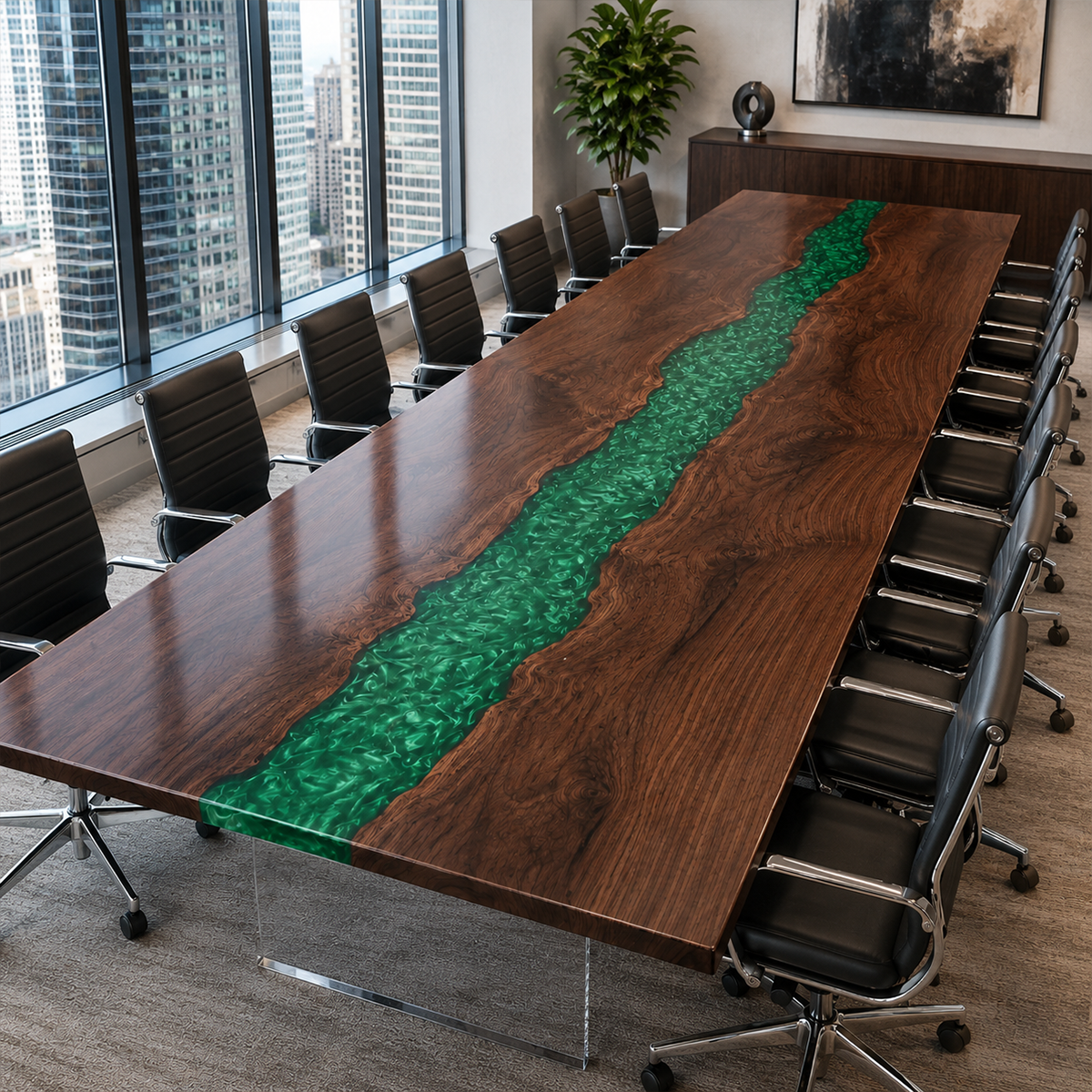 Black Walnut with Swirl Green Epoxy Resin Conference Table