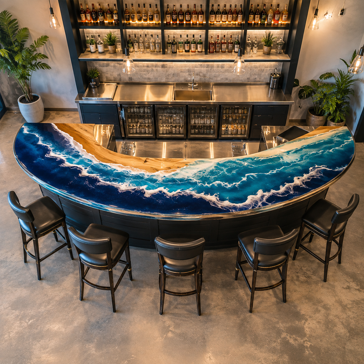 Walnut Wood Curved Ocean Wave Commercial Custom Epoxy Resin Bar Table
