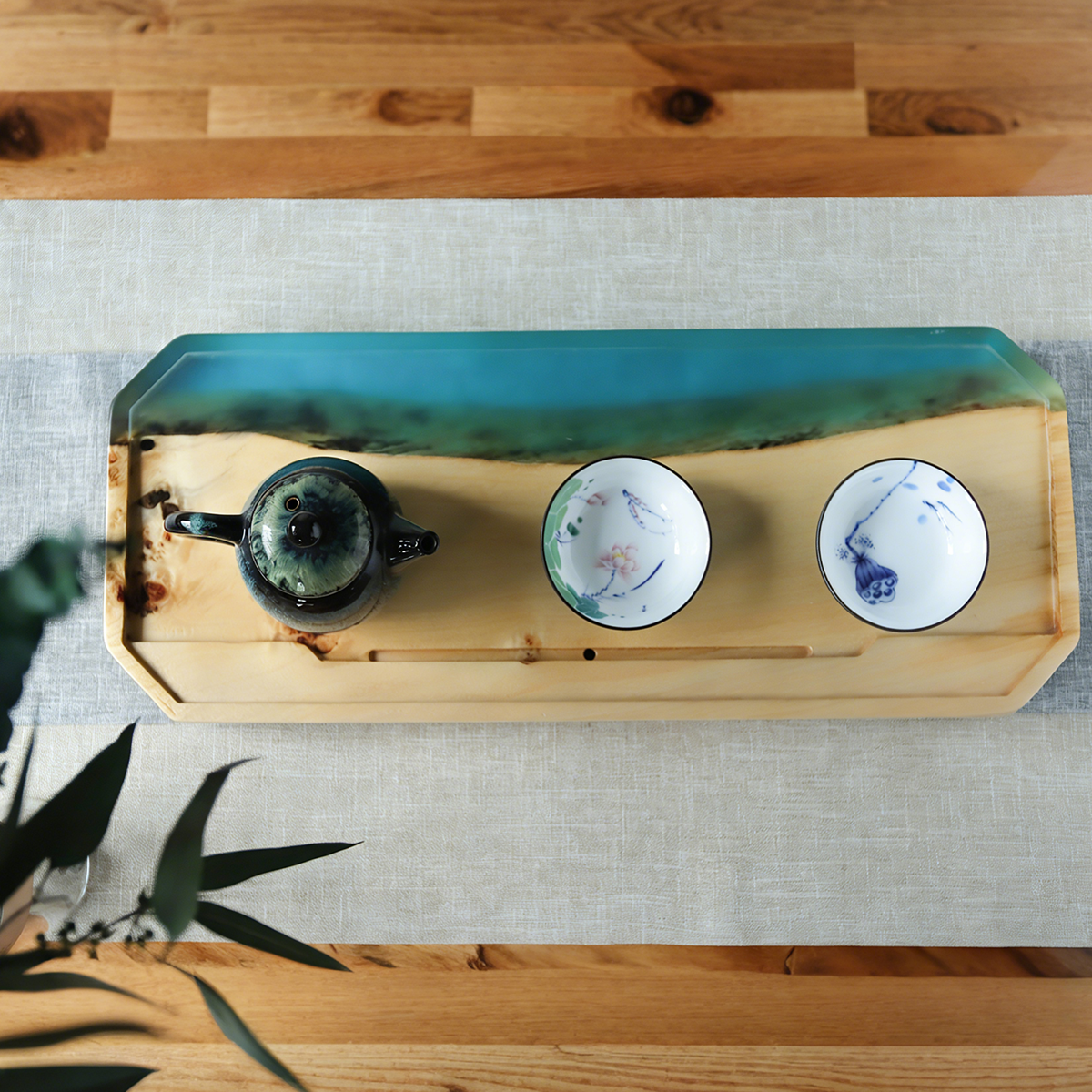 Light Wood Turquoise Epoxy Resin Tea Tray