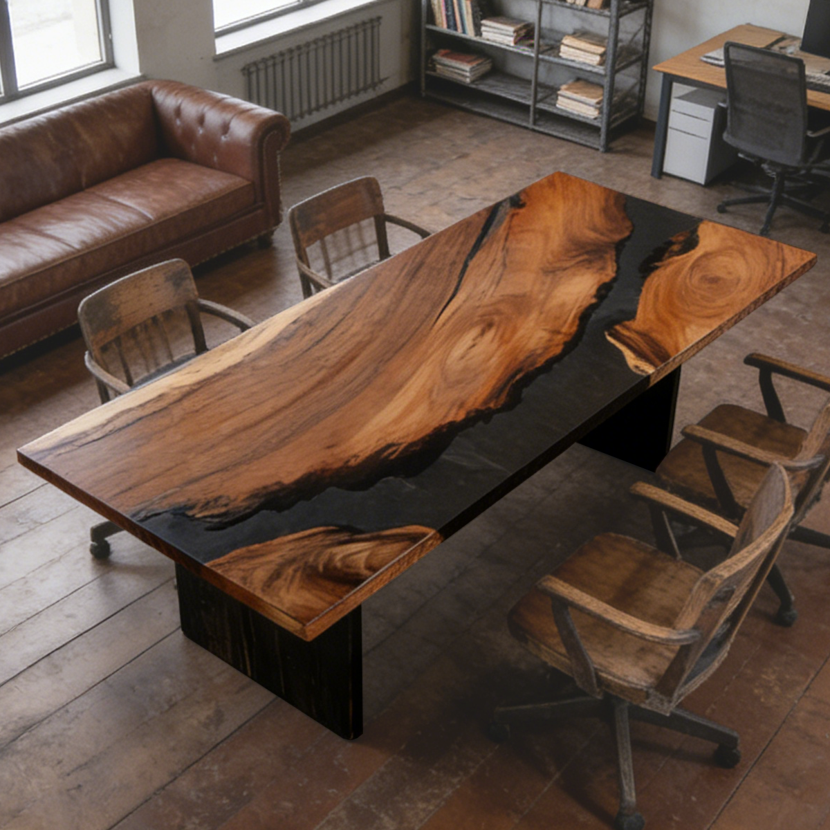 Black Walnut Wood Rectangle Epoxy Resin Conference Table