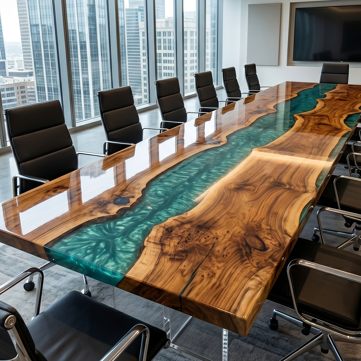 Live-Edge Walnut Wood Swirl Green Epoxy Resin River Table
