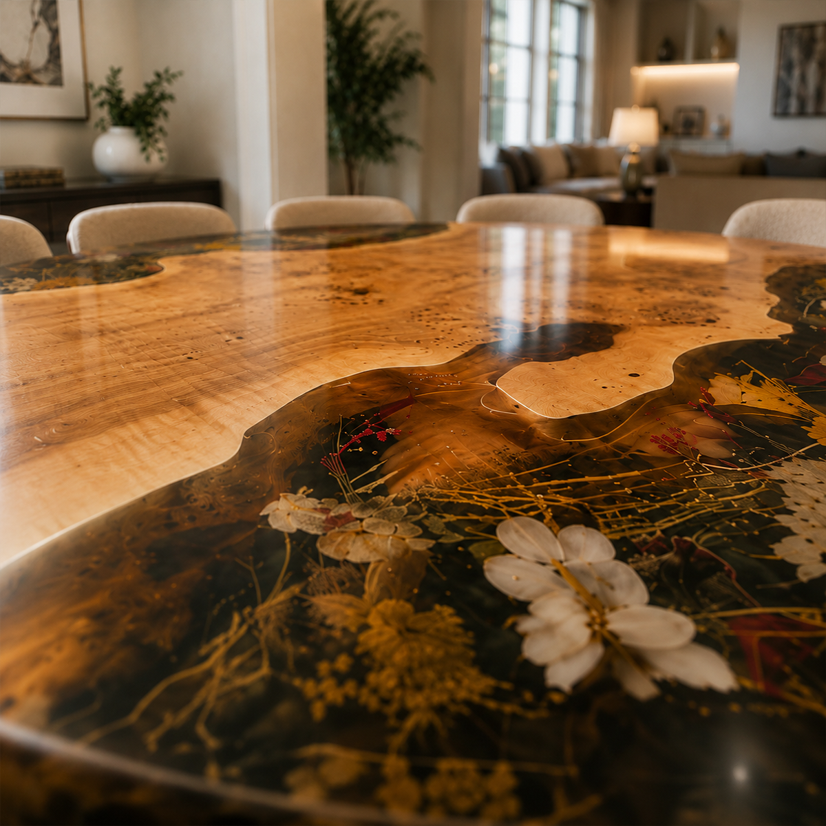 Poplar Wood Flower Round Resin Table