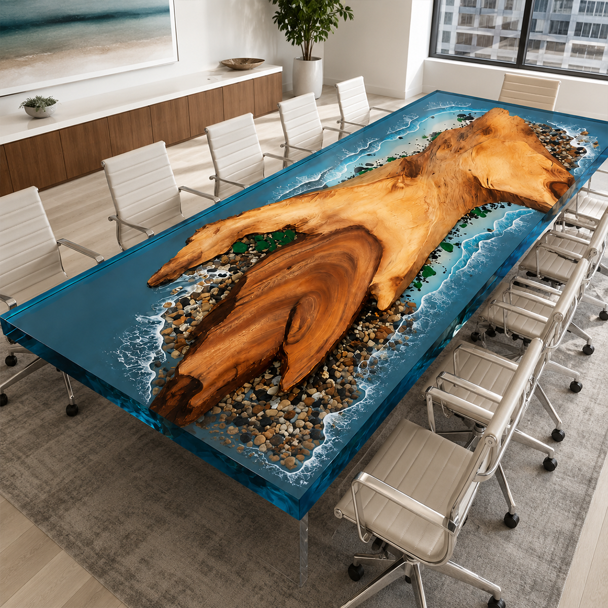 Walnut Wood with Blue Wave Epoxy Resin Conference Table