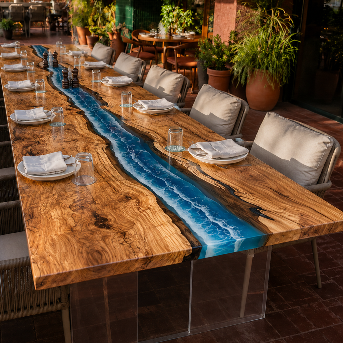 Olive Wood Mediterranean Tide Restaurant Epoxy Resin Table