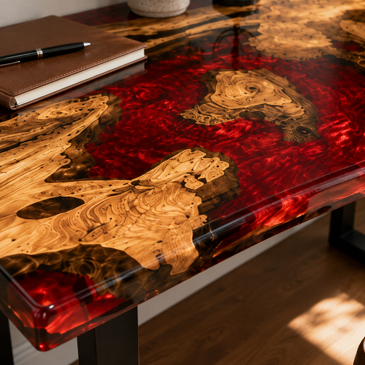 Poplar Burl Ergonomic Swirling Red Epoxy Resin Desk Table