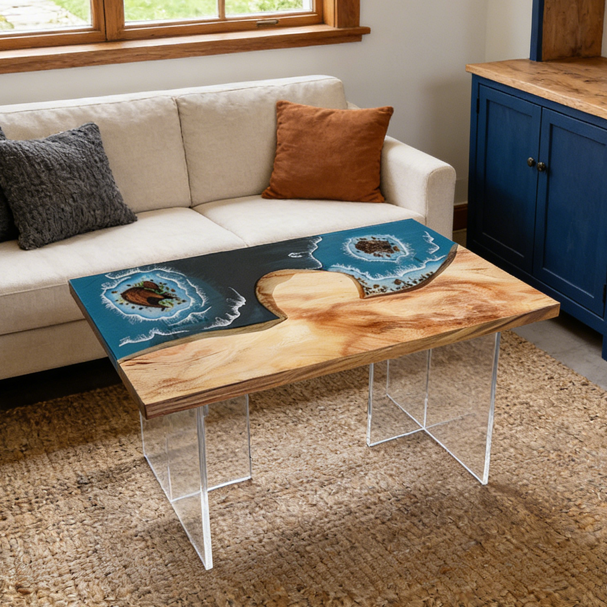 Walnut Wood Blue Wave Rectangle Resin Coffee Table