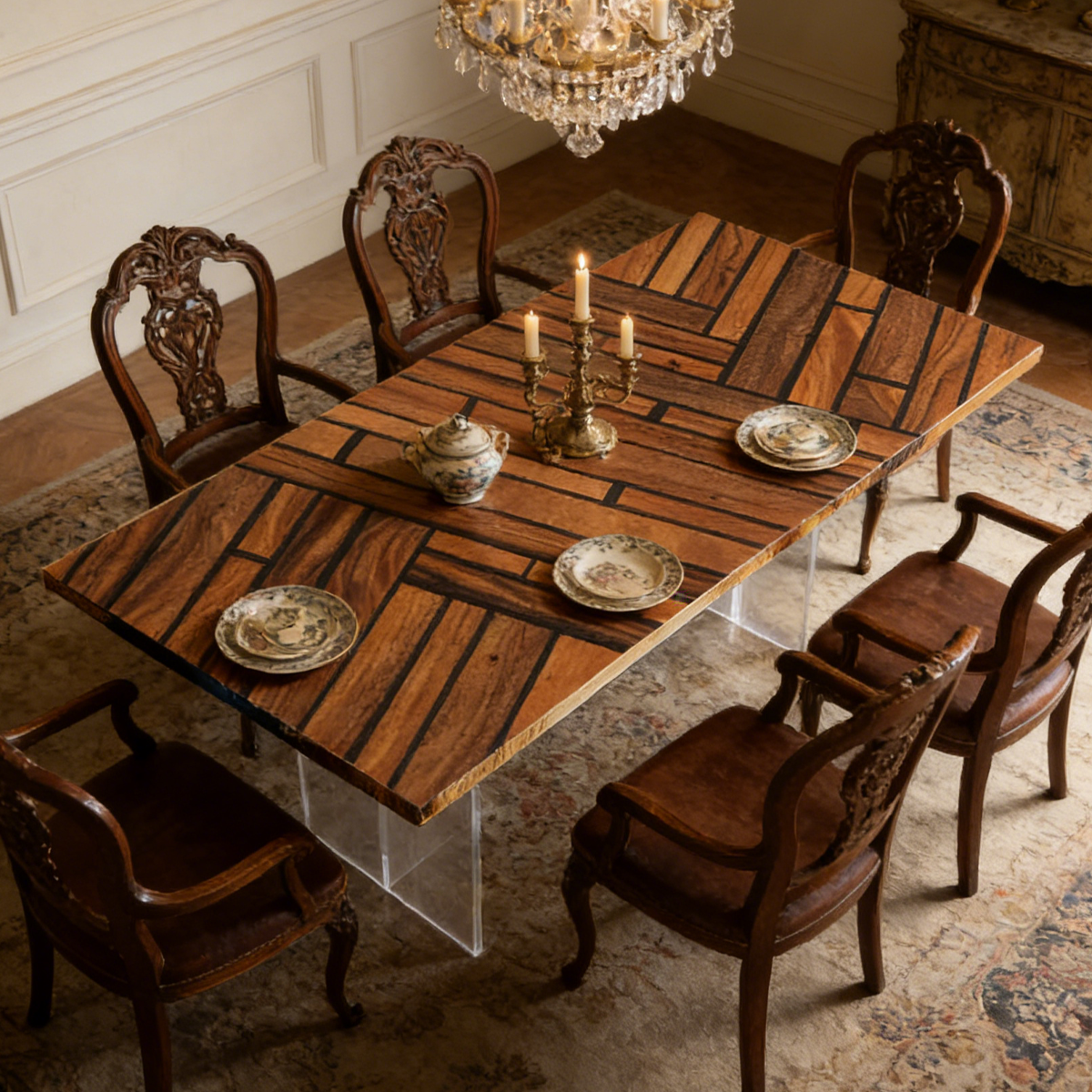Black Walnut Wood Geometric Parquet Wood Epoxy Resin Dining Table