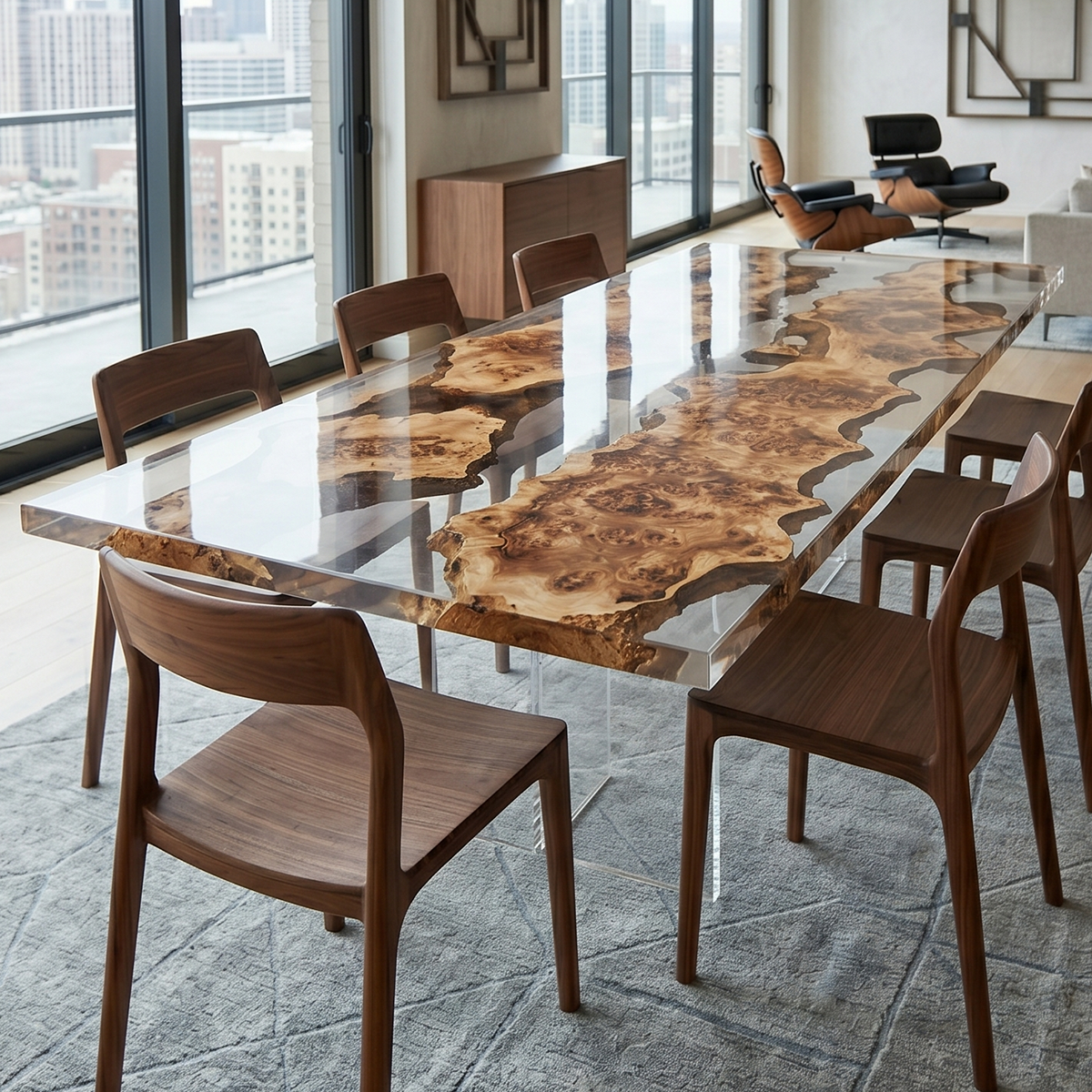 Popar Wood Clear Epoxy Resin Dining Table