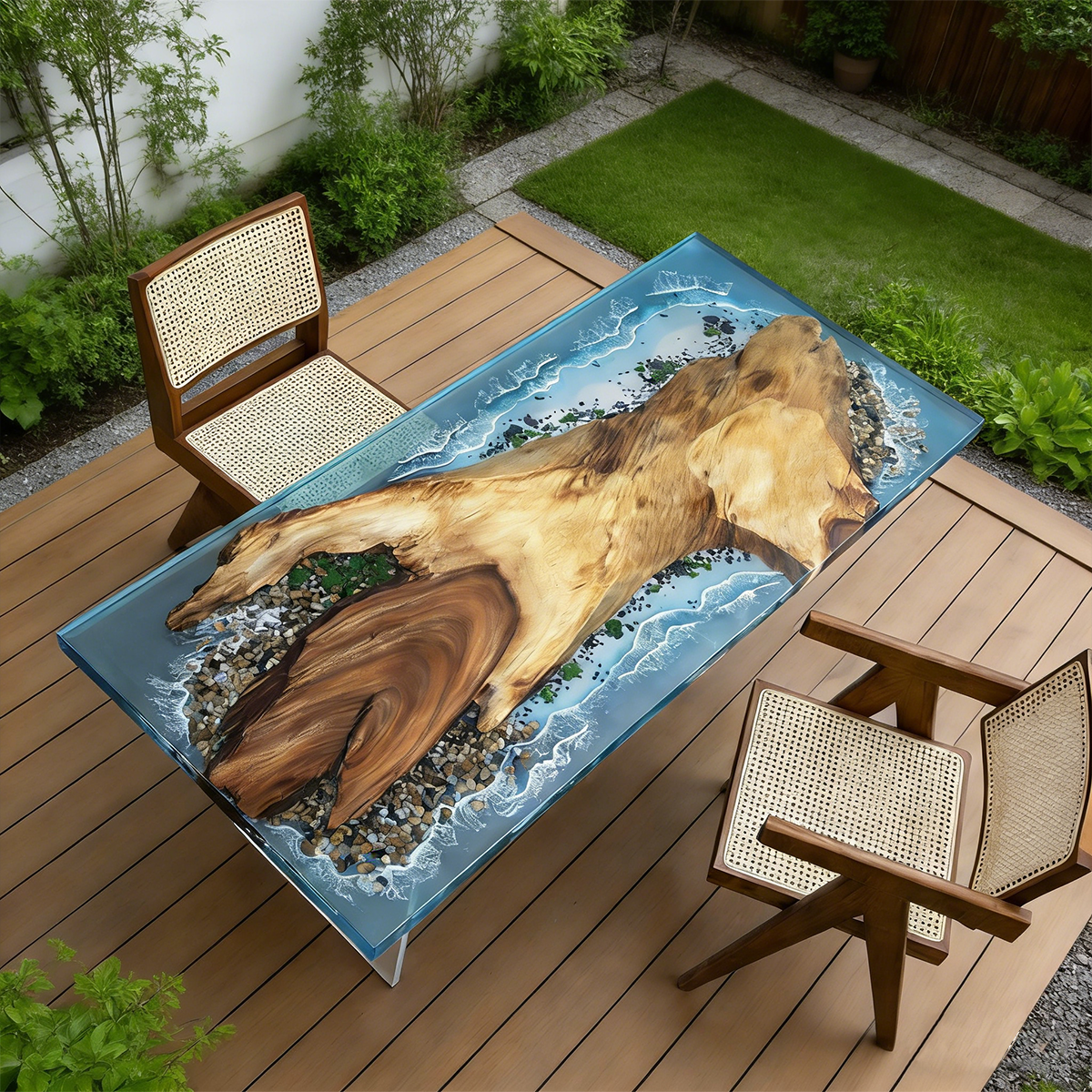 Walnut Wood Ocean Scene Rectangle Epoxy Resin coffee table