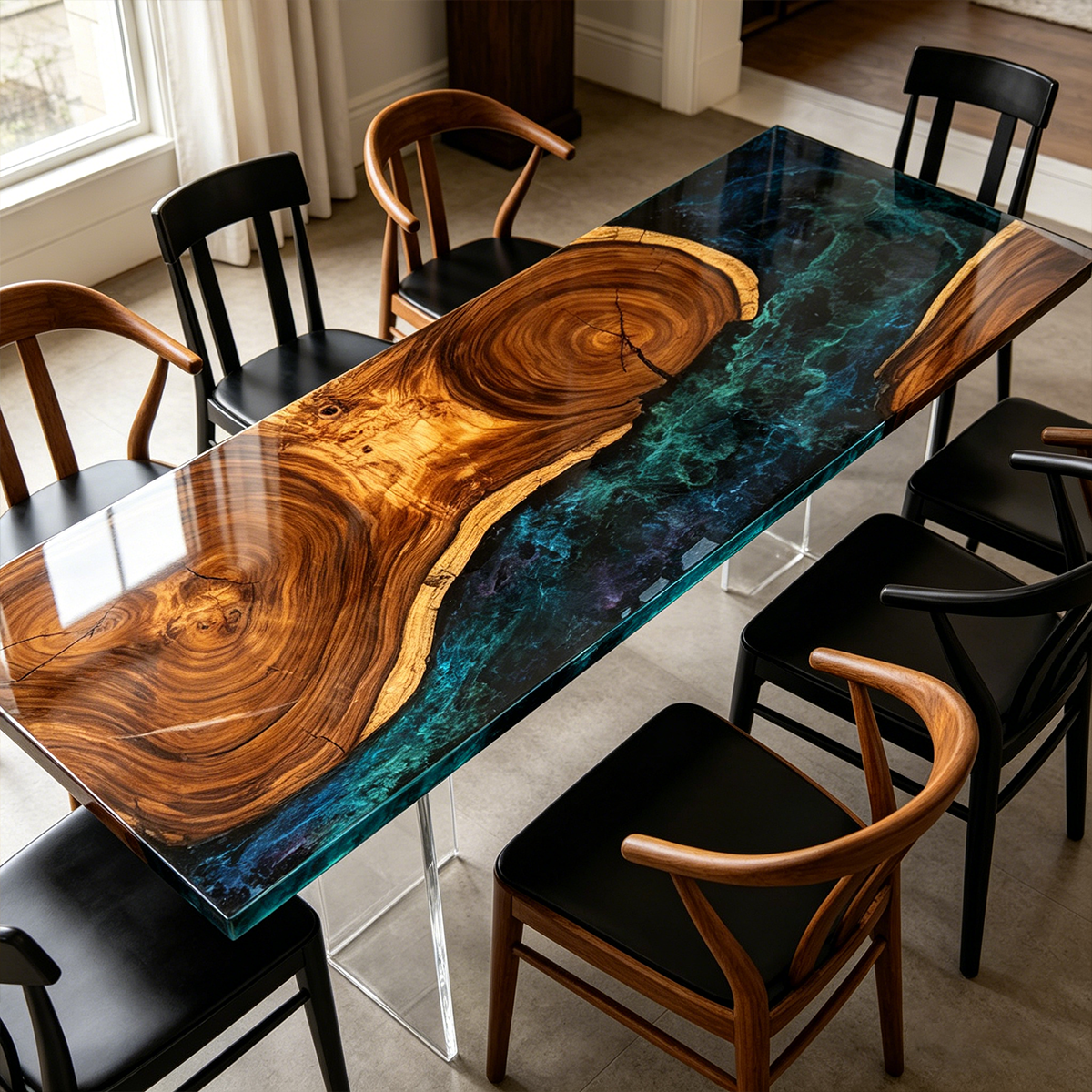 Black Walnut Wood Sky River Resin Table 35“W  x 79"L Thickness 1.8"