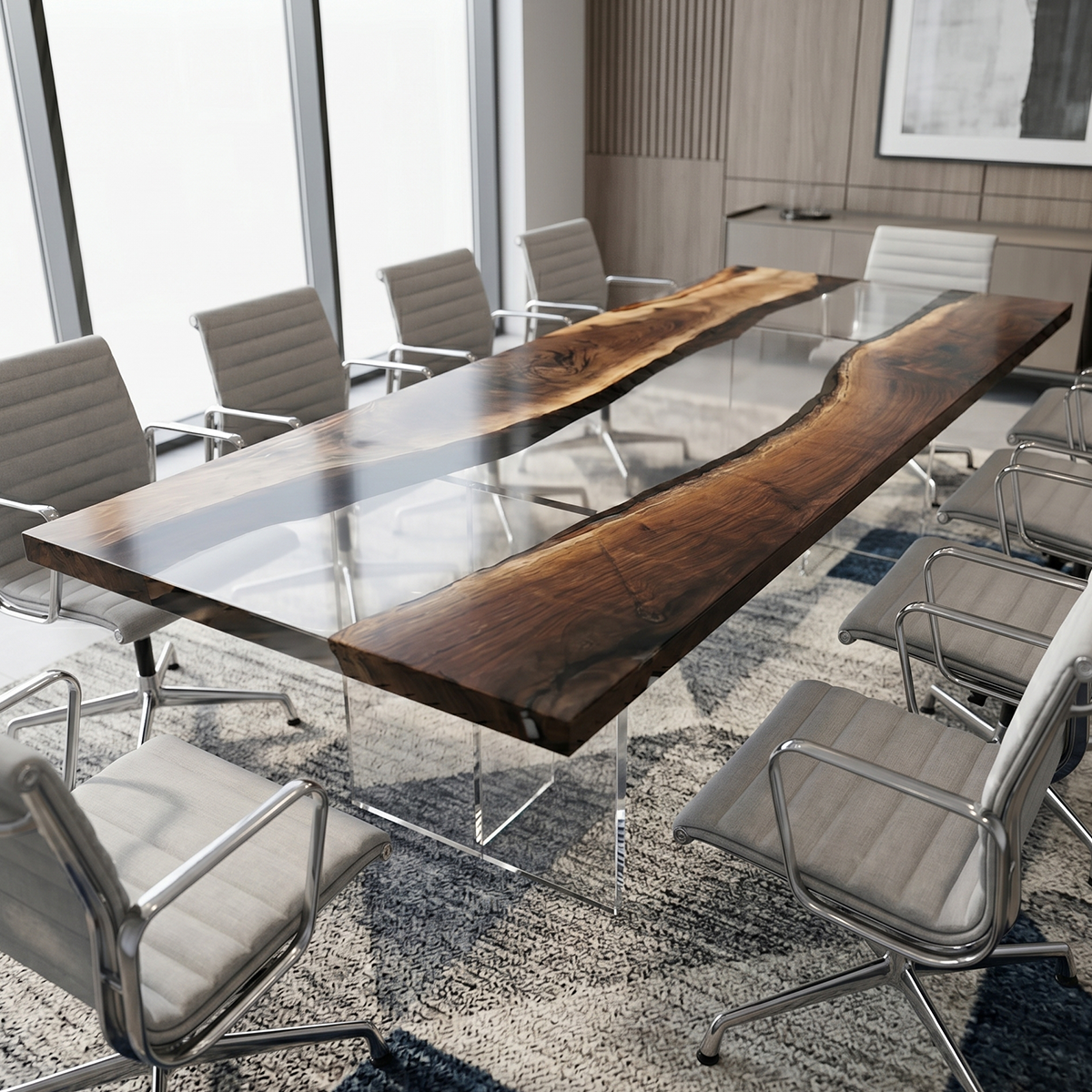 Transparent Flow Walnut Epoxy Resin Conference Table