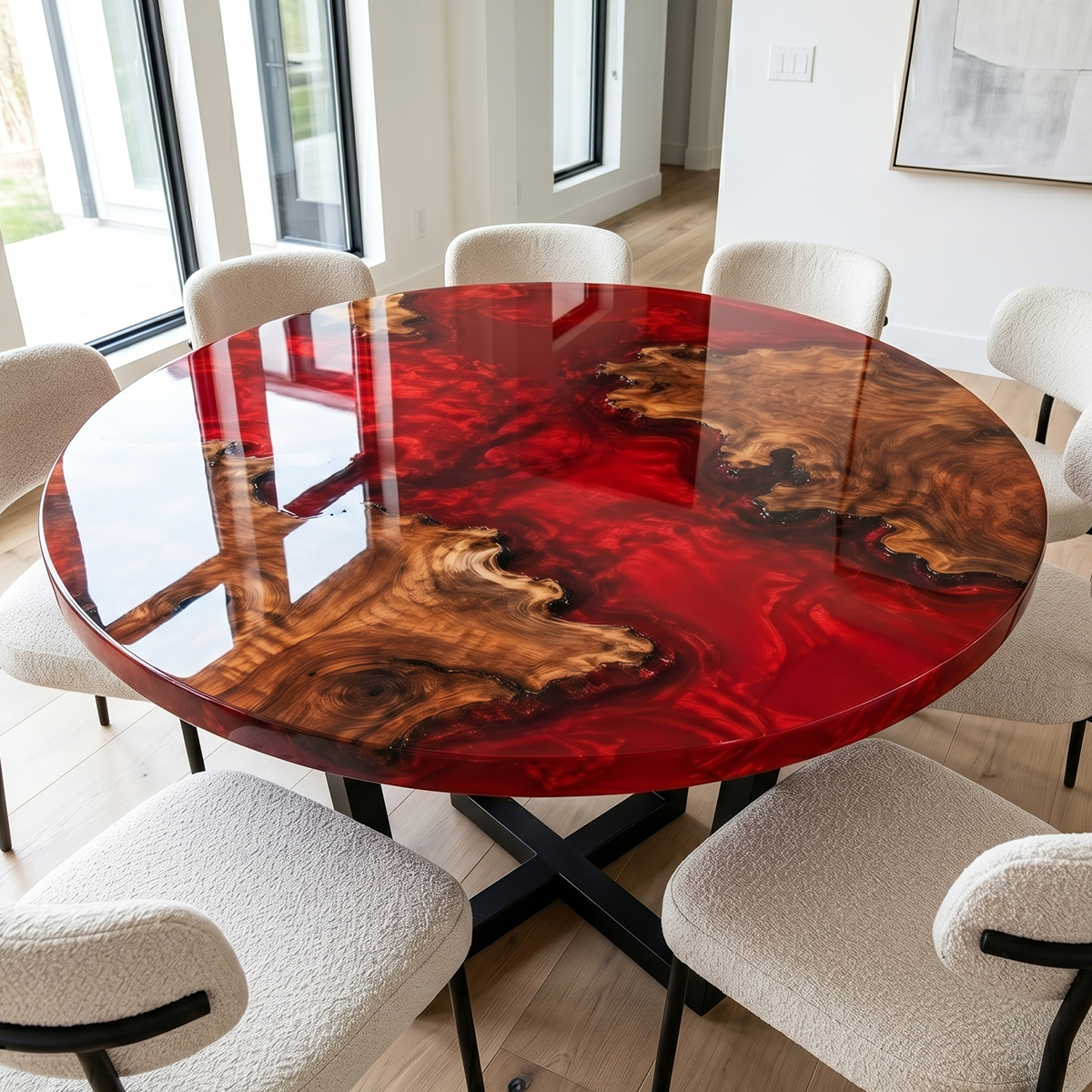 Round Burl Wood Red Epoxy Resin Coffee Table