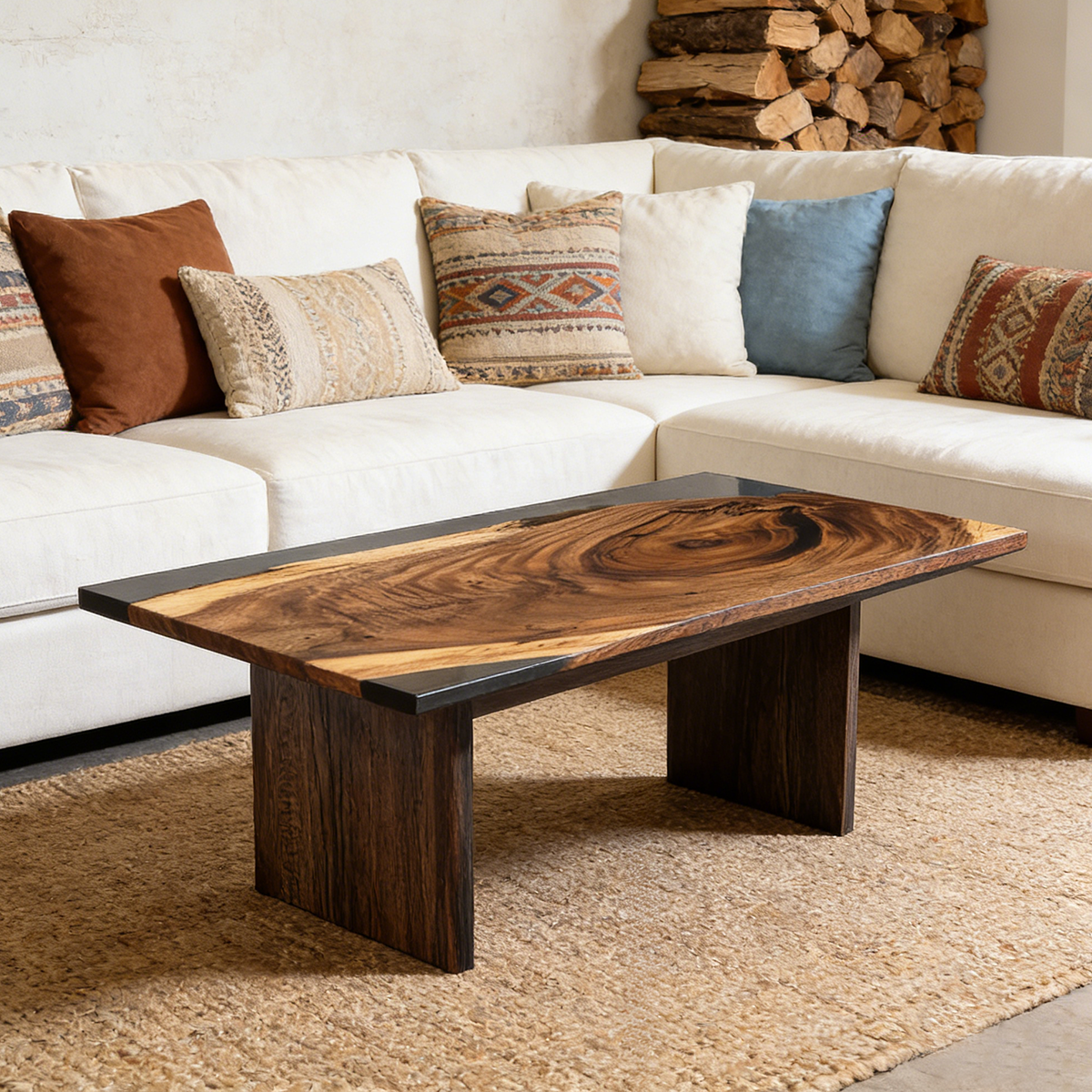 Black Walnut Wood Rectangle Resin Coffee Table